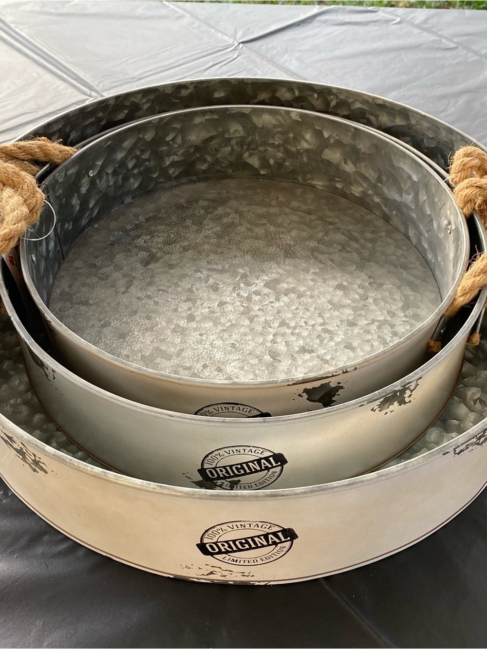 Set of 3 Round Galvanized Metal Trays
Sm 11”x 2.75”
Med12.5”x 3”
Lg15”x 3.5”